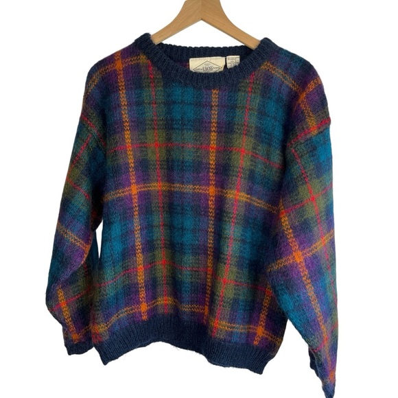 Vintage Womens B Moss Mohair Blue Plaid Oversized Crewneck Sweater L Preppy - Picture 1 of 7